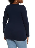 Womens Plus Size Solid V Neck Long Sleeve Tee, Blue, Size 1X