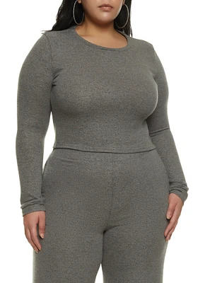 Womens Plus Size Brushed Knit Long Sleeve Crop Top, Grey, Size 1X