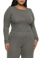Womens Plus Size Brushed Knit Long Sleeve Crop Top, Grey, Size 1X