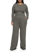 Womens Plus Size Brushed Knit Long Sleeve Crop Top, Grey, Size 1X