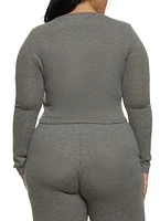 Womens Plus Size Brushed Knit Long Sleeve Crop Top, Grey, Size 1X