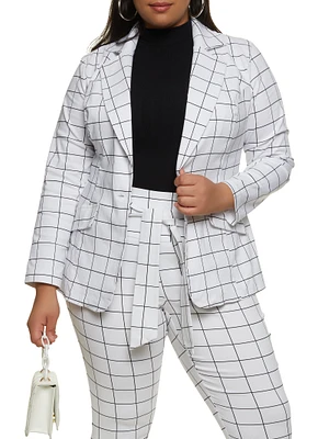 Womens Plus Windowpane Print Blazer, White,