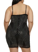 Womens Plus Size Rhinestone Detail Mesh Bodycon Dress, Black, Size 1X