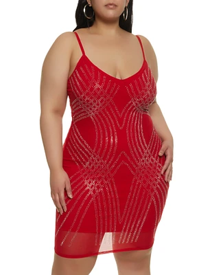 Womens Plus Size Rhinestone Detail Mesh Bodycon Dress, Red, Size 2X