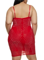 Womens Plus Size Rhinestone Detail Mesh Bodycon Dress, Red, Size 1X