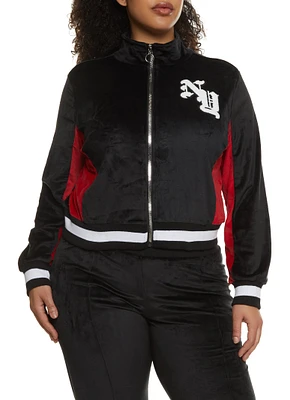 Womens Plus Size NY Chenille Patch Velour Zip Up Sweatshirt, Black, Size 2X