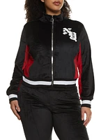 Womens Plus Size NY Chenille Patch Velour Zip Up Sweatshirt, Black, Size 2X