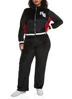 Womens Plus Size NY Chenille Patch Velour Zip Up Sweatshirt, Black, Size 2X