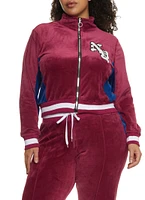 Womens Plus NY Chenille Patch Velour Zip Up Sweatshirt, Burgundy,