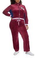 Womens Plus NY Chenille Patch Velour Zip Up Sweatshirt, Burgundy,