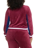 Womens Plus NY Chenille Patch Velour Zip Up Sweatshirt, Burgundy,