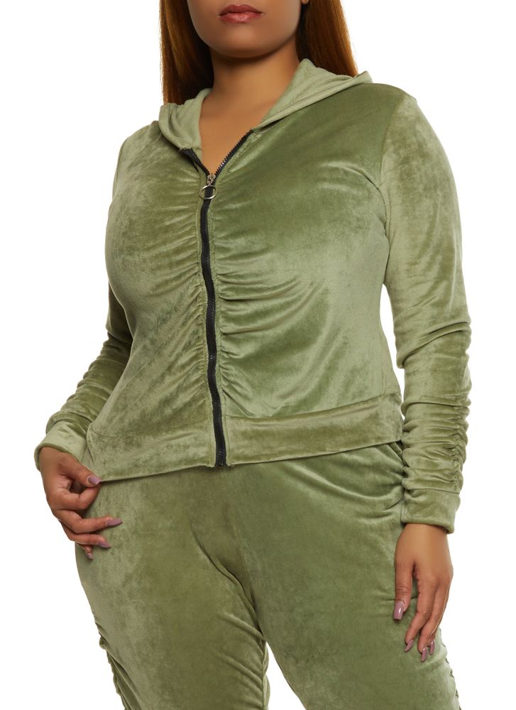 Rainbow Shops Womens Plus Ruched Velour Zip Up Hoodie 2X | Alexandria Mall