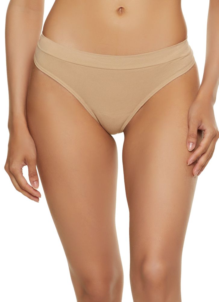 Womens Seamless Solid Thong Panty, Beige, Size L