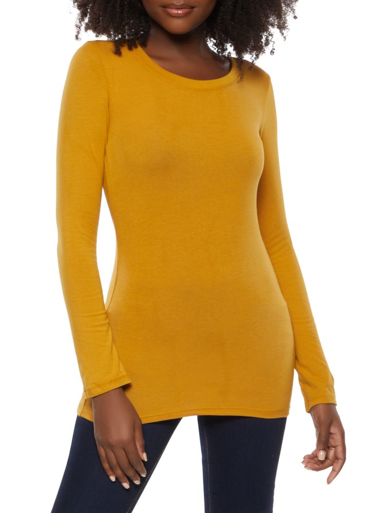 Womens Solid Long Sleeve Tee, Yellow, Size S