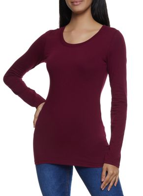 Womens Solid Long Sleeve Tee, Burgundy, Size S