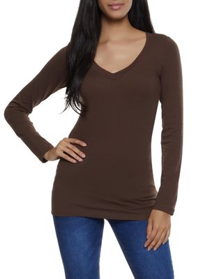 Womens Solid V Neck Long Sleeve Top, Brown, Size M