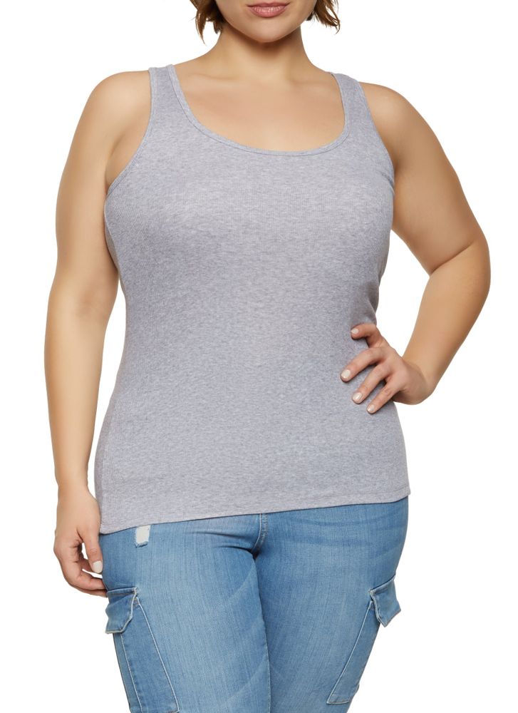 Womens Plus Size Ribbed Knit Tank Top, Grey, Size 1X