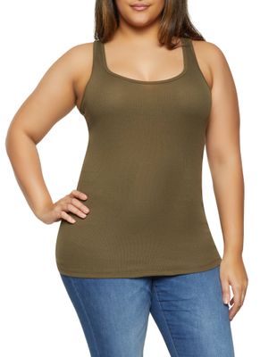 Womens Plus Size Ribbed Knit Tank Top, Green, Size 1X