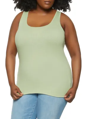 Womens Plus Size Ribbed Knit Tank Top, Green, Size 1X