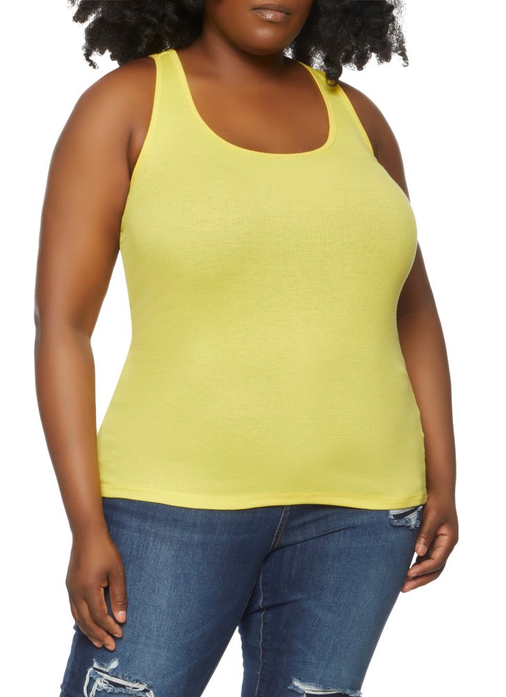 Womens Plus Size Ribbed Knit Tank Top, Yellow, Size 1X