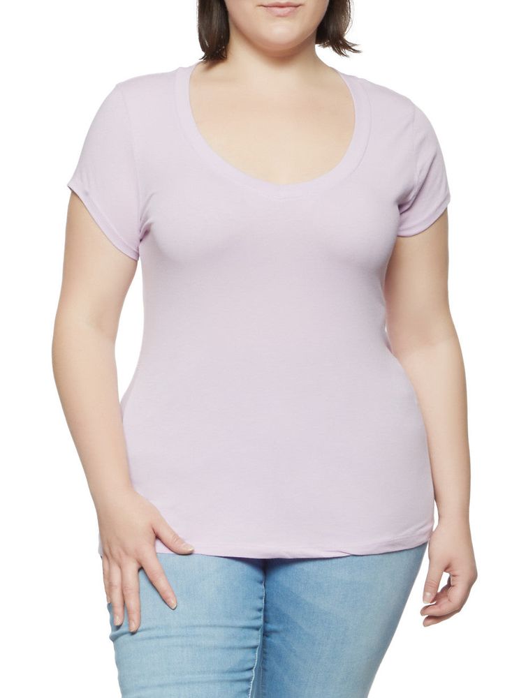 Womens Plus Size Solid V Neck Tee, Purple, Size 2X