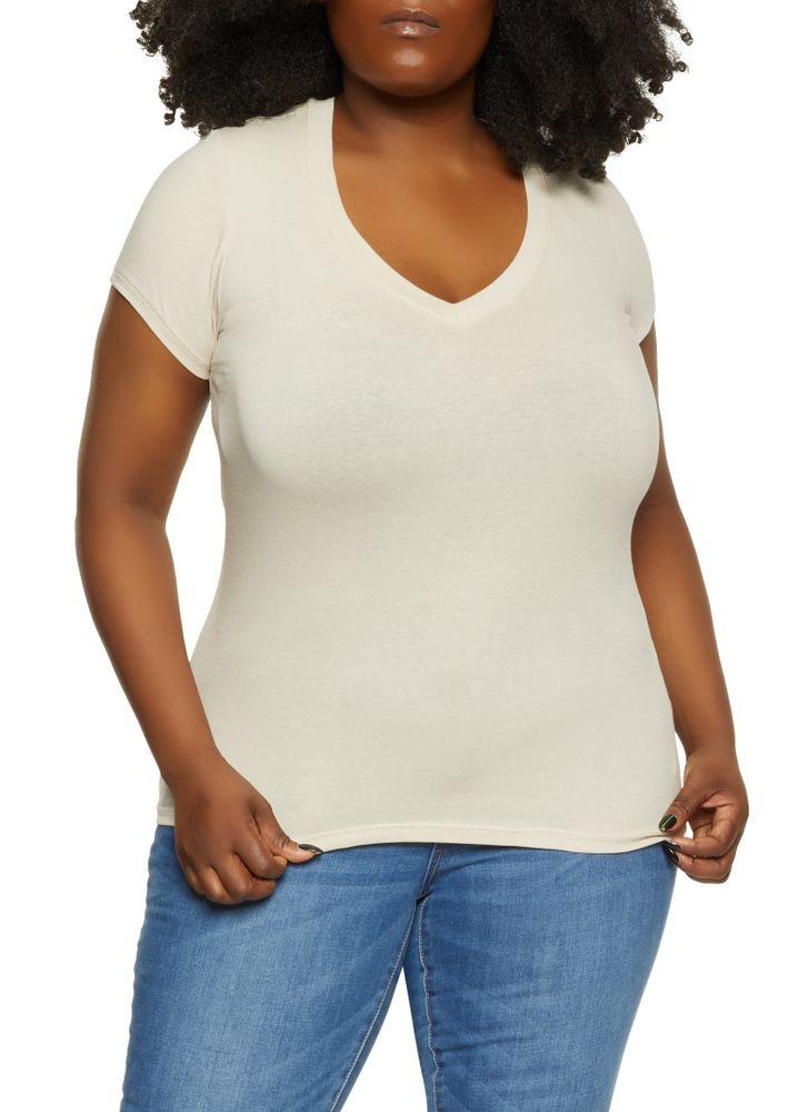 Womens Plus Solid V Neck Tee,