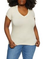 Womens Plus Size Solid V Neck Tee, Beige, Size 2X