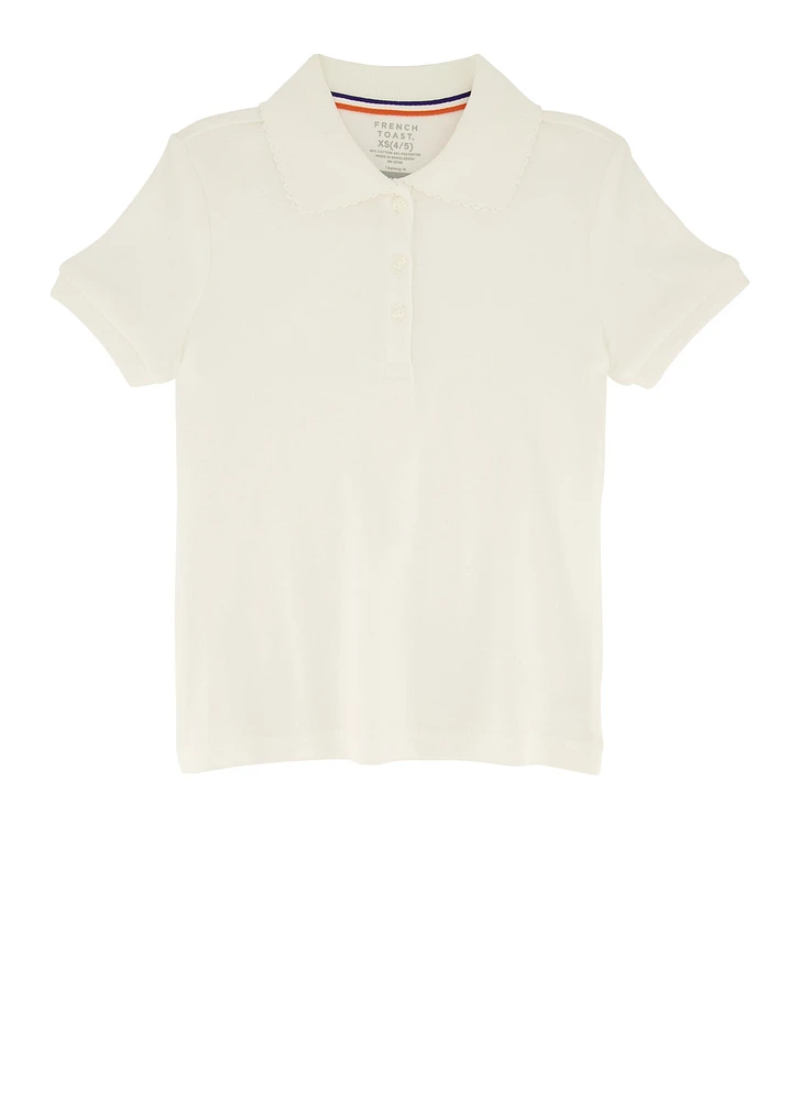 French Toast Girls 4-6x Picot Collar Interlock Polo Shirt, White, Size 6-6X