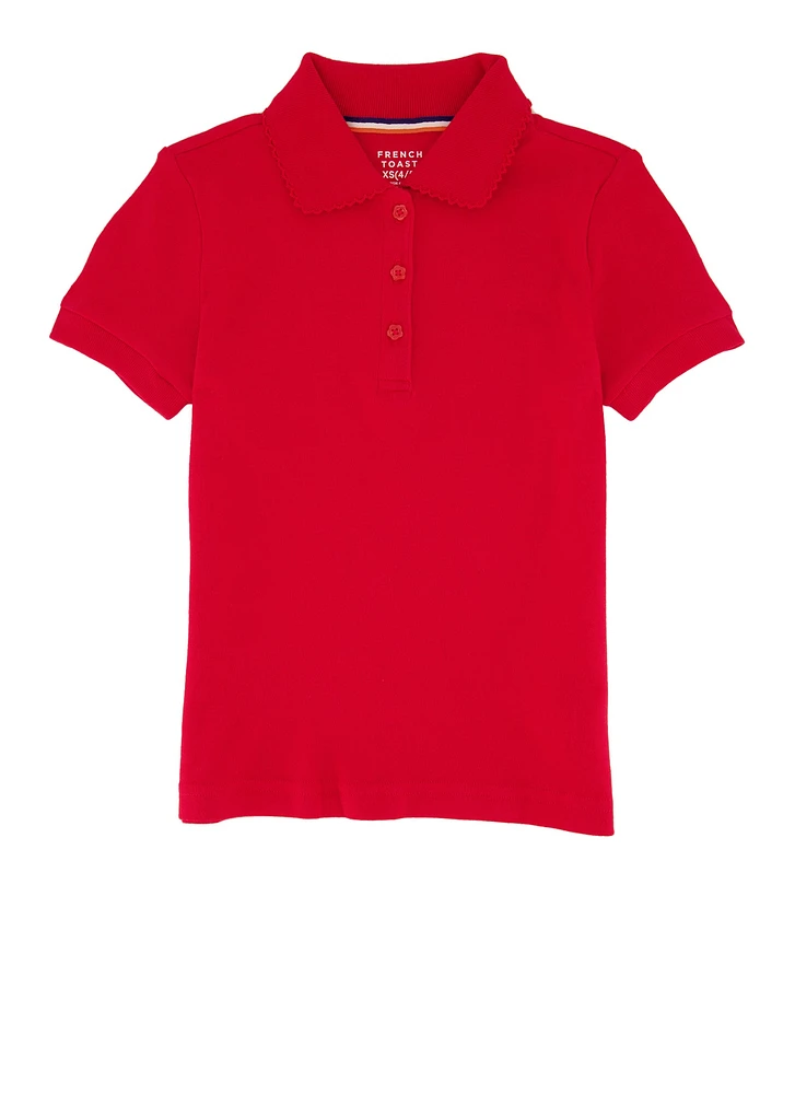 French Toast Girls 4-6x Picot Collar Short Sleeve Interlock Polo, Red, Size 6-6X