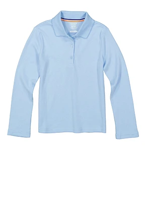 French Toast Girls 4-6x Picot Collar Interlock Long Sleeve Polo, Blue, Size 4-5