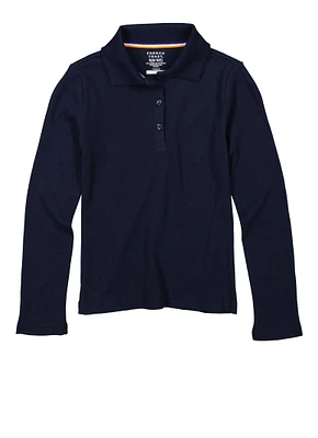French Toast Girls 4-6x Picot Collar Interlock Long Sleeve Polo Shirt, Blue, Size 4-5