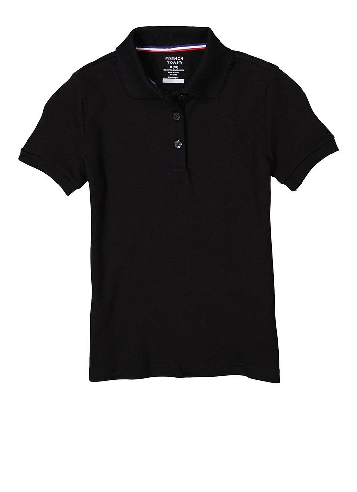 French Toast Girls 7-16 Picot Collar Polo Shirt, Black, Size 7-8