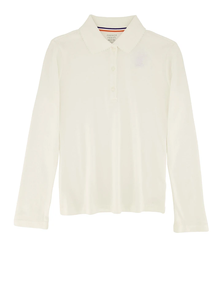 French Toast Girls 7-16 Picot Collar Long Sleeve Polo Shirt, White, Size 10-12