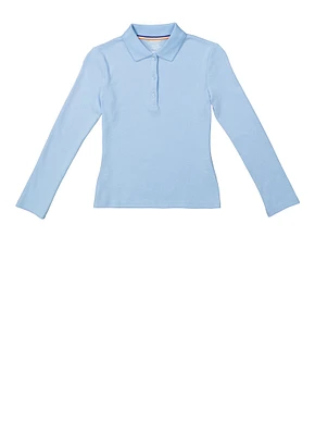 French Toast Girls 7-16 Long Sleeve Picot Collar Interlock Polo, Blue, Size 14-16