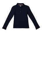 French Toast Girls 7-16 Solid Long Sleeve Picot Collar Interlock Polo, Blue, Size 7-8