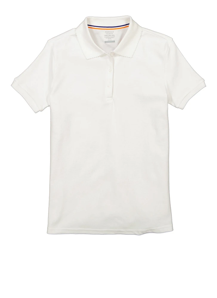 French Toast Girls 18-20 Short Sleeve Picot Collar Polo Shirt, White, Size 18-20