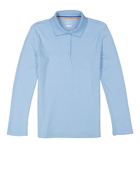 French Toast Girls 16-20 Long Sleeve Interlock Polo Shirt, Blue, Size 18-20