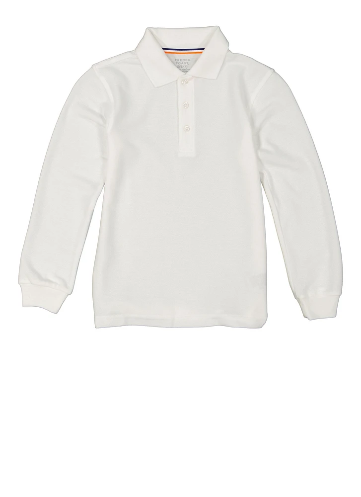 French Toast Boys 4-7 Solid Long Sleeve Pique Polo, White, Size 4-5