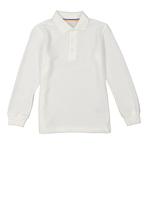 French Toast Boys 8-16 3 Button Long Sleeve Pique Polo, White, Size 14-16