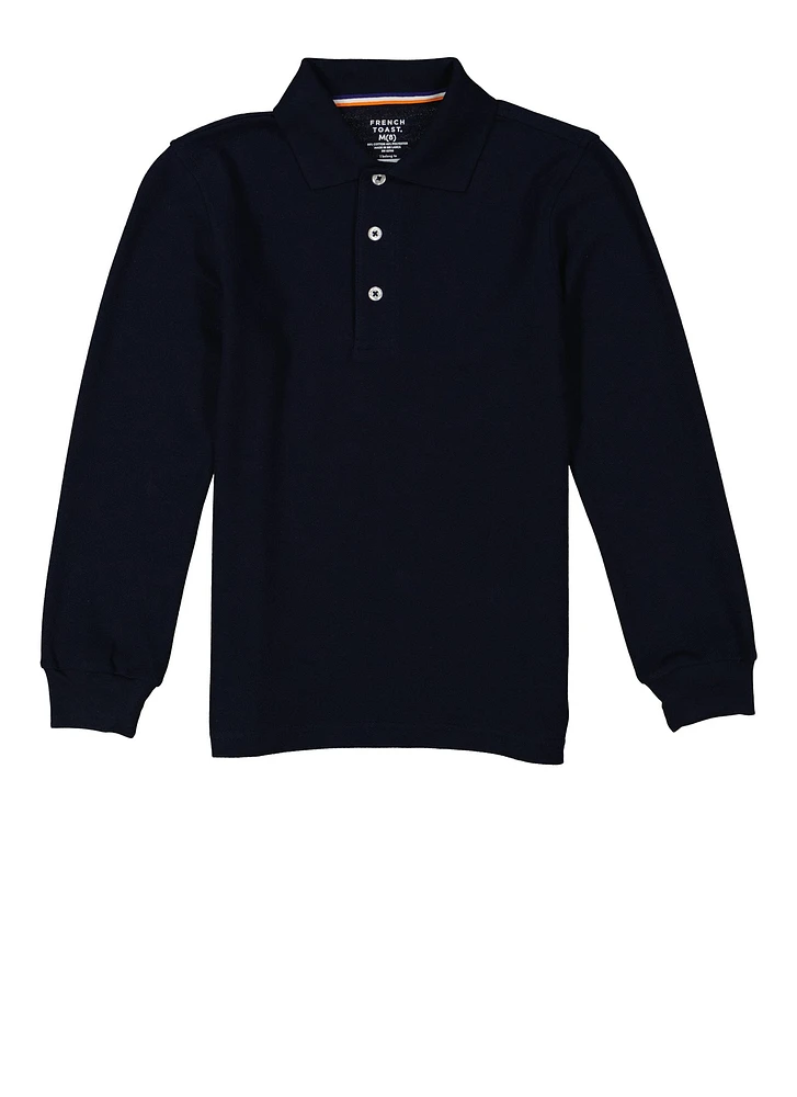 French Toast Boys 8-16 Long Sleeve Solid Pique Polo, Blue, Size 14-16