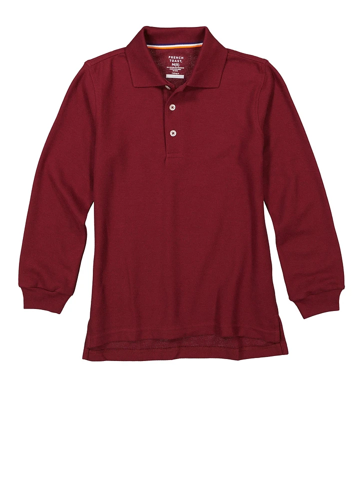 French Toast Boys 8-16 Interlock Long Sleeve Polo Shirt, Burgundy, Size 14-16