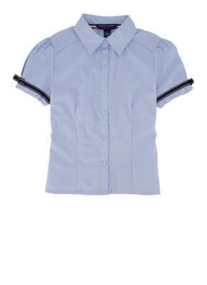 French Toast Girls 7-14 Ribbon Trim Short Puff Sleeve Shirt, Blue, Size 8