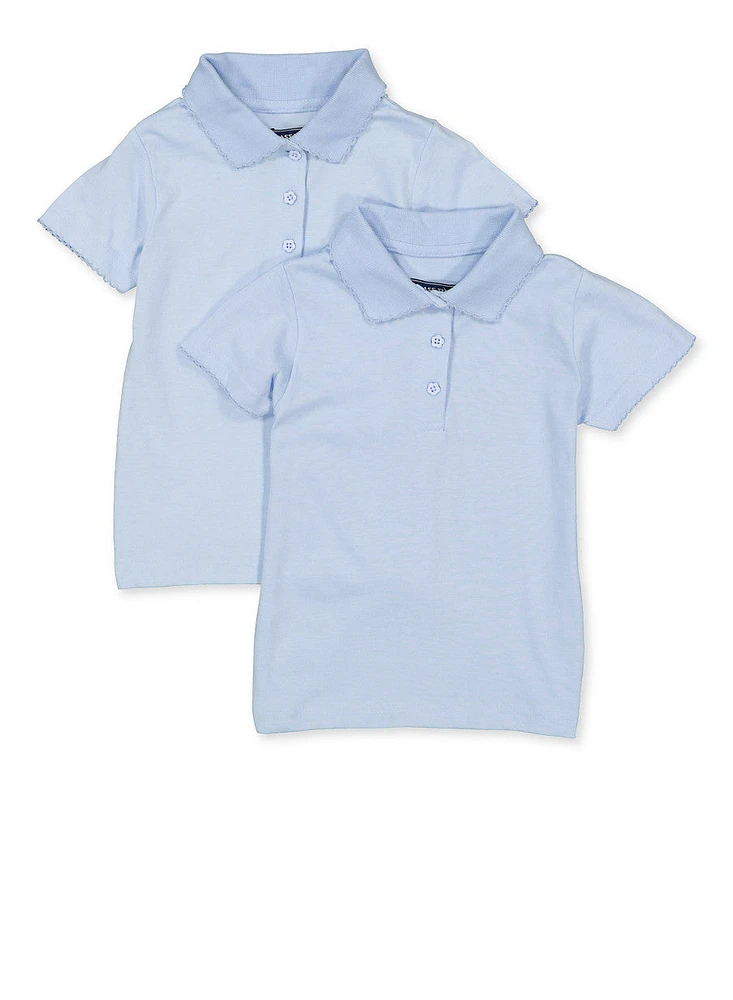 Girls 4-6x 2 Pack Short Sleeve Picot Trim Polo Shirts, Blue, Size L