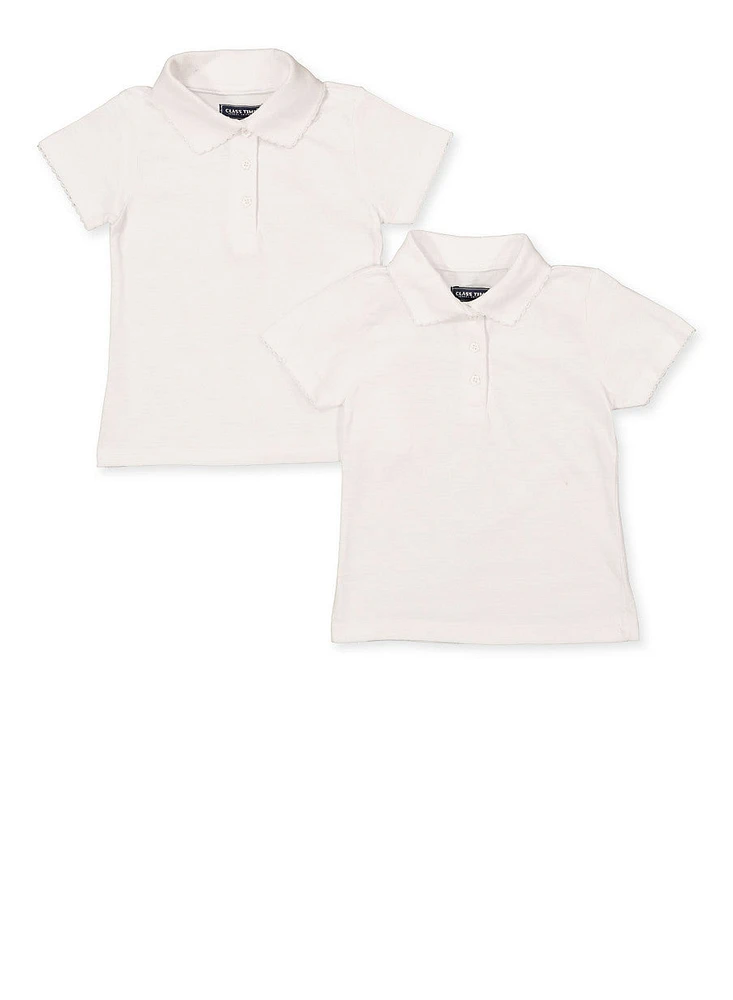 Girls 4-6x 2 Pack Short Sleeve Picot Collar Polo Shirts, White, Size L