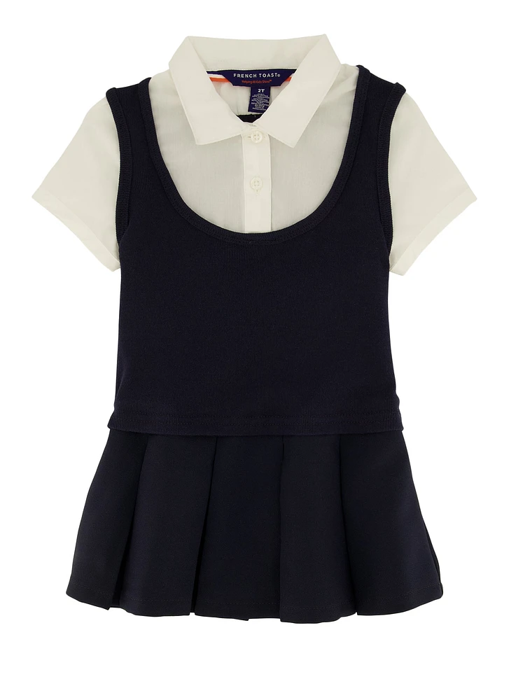 French Toast Girls 2T-4T Short Sleeve Pleated Dress, Blue, Size 4T