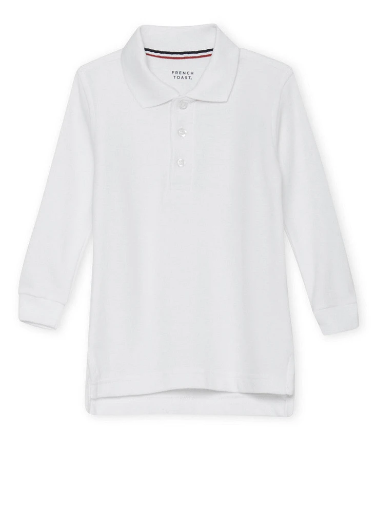 French Toast Boys 2T-4T Long Sleeve Pique Polo, White, Size 4T