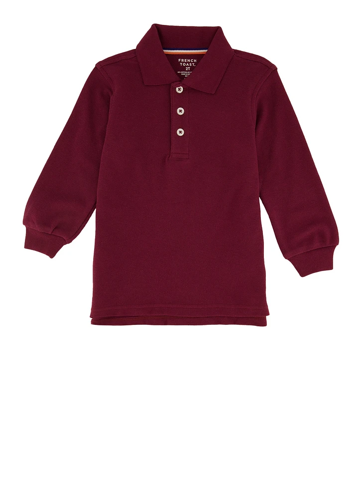 French Toast Boys 2T-4T Long Sleeve Collar Interlock Polo, Burgundy,