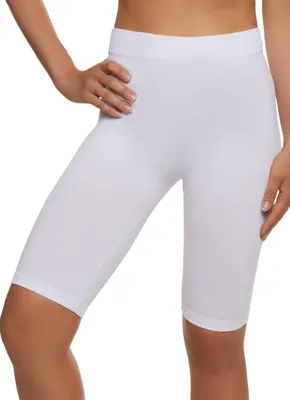 Womens Solid Ribbed Biker Shorts, White,