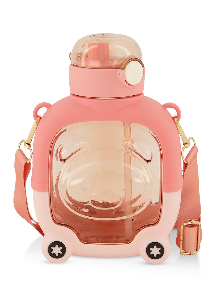Bear Graphic Flip Straw Water Bottle, Pink