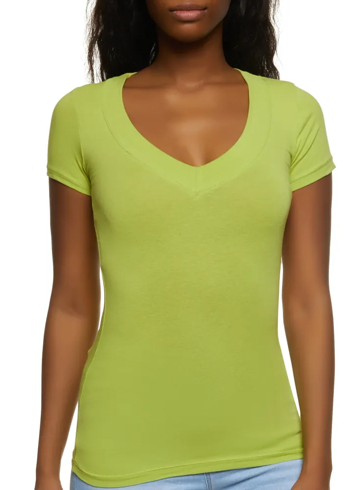 Womens Basic Wide V Neck Tee, Green, Size S